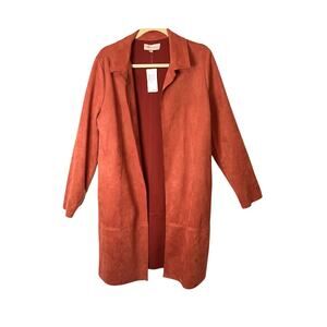 Philosophy Duster Womens Size L Rust Faux Leather Coatigan Pockets Collar NWT